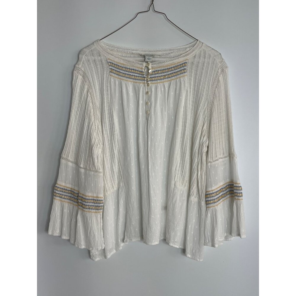 Sundance 1/4 Button Up 3/4 Bell Sleeve Embroidered Blouse White Swiss Dot Lace L
